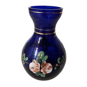 Vintage Cobalt Blue Glass Bud Vase Hand Painted Floral Gold Gilt 4 Inch